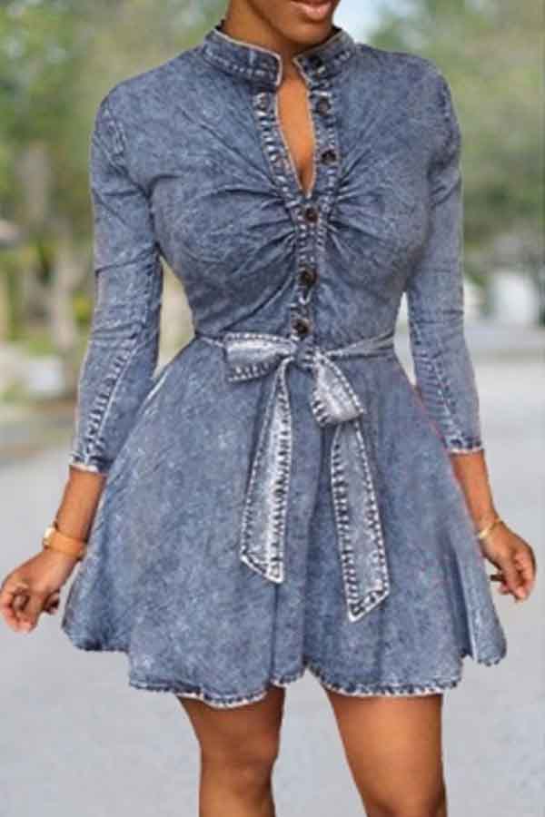

Lovely Sweet Lace-up Blue Mini Dress