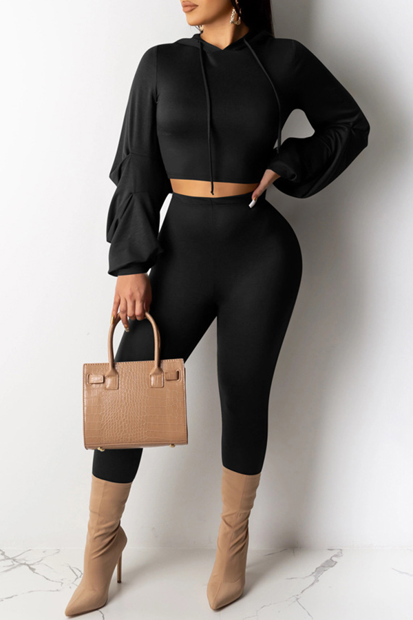 

Lovely Casual Hooded Collar Basic Black Two-piece Pants Set