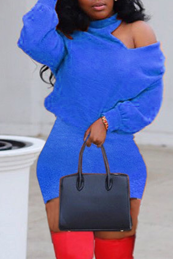 

Lovely Leisure Turtleneck Dew Shoulder Royal Blue Mini Dress, Royalblue