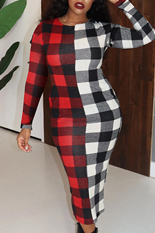 

Lovely Casual Plaid Red Mid Calf Dress