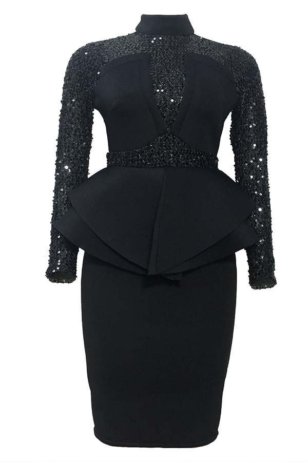

Lovely Sweet Patchwork Flounce Black Knee Length Evening Dress
