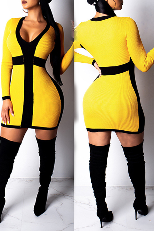 

Lovely Trendy Patchwork Yellow Mini Dress