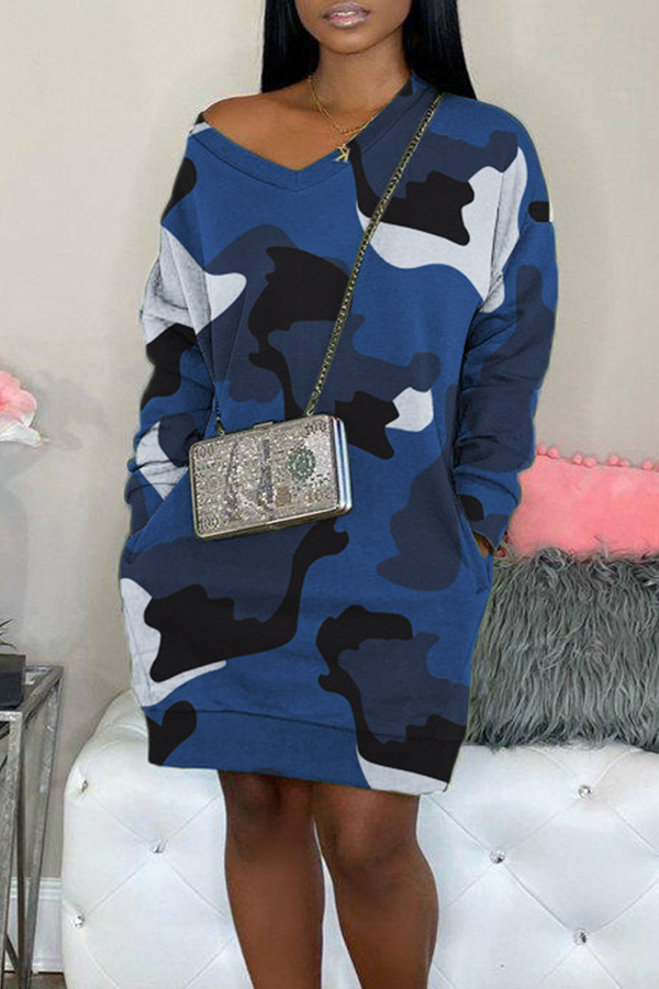 

Lovely Casual Camo Print Blue Mini Dress