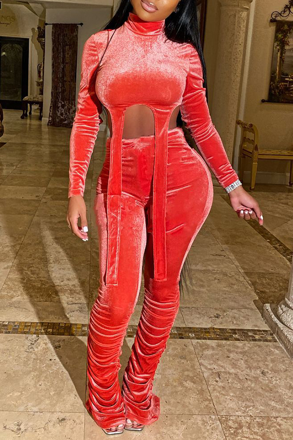 

Lovely Casual Turtleneck Knot Design Red Two-piece Pants Set