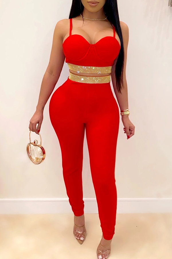 Lovely Party Spaghetti Straps Red Two-piece Pants Set