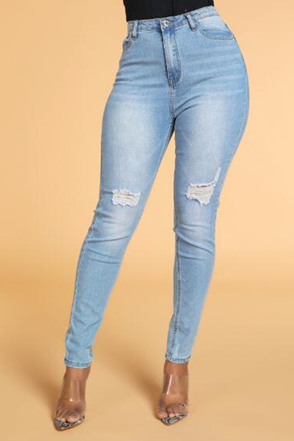 

Lovely Trendy Broken Holes Baby Blue Jeans