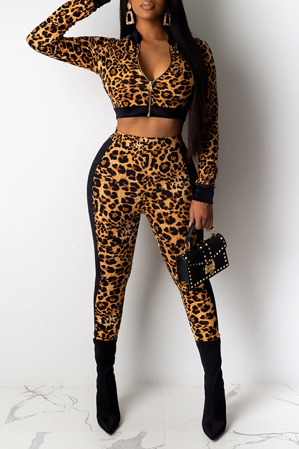 

Lovely Trendy Leopard Basic Two-piece Pants Set, Brown