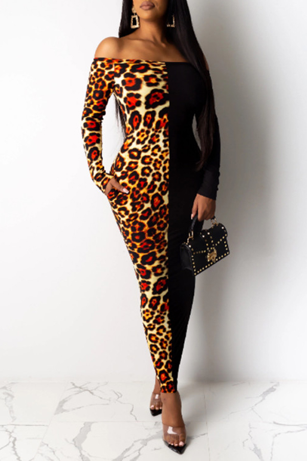 

Lovely Casual Patchwork Leopard Black Ankle Length Dress
