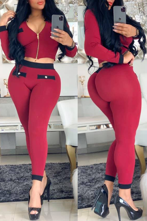 

Lovely Trendy Patchwork Wine Red Two-piece Pants Set