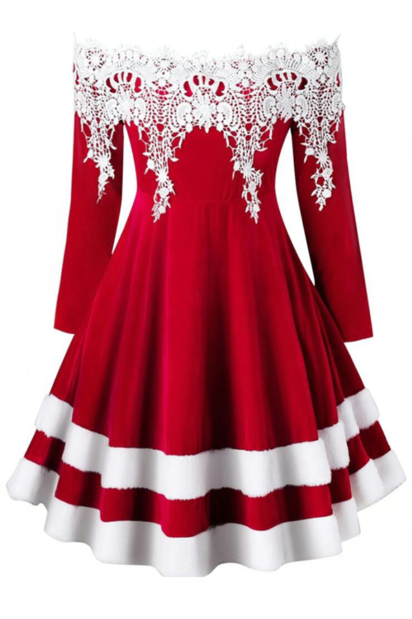 

Lovely Sweet Patchwork Red Knee Length Dress