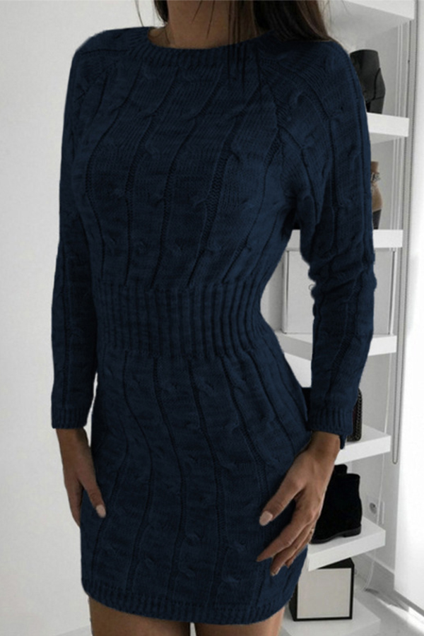 

Lovely Casual O Neck Skinny Navy Blue Mini Dress