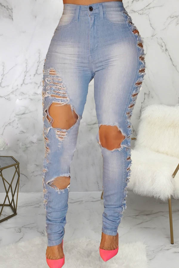 

Lovely Casual Hollow-out Blue Plus Size Jeans