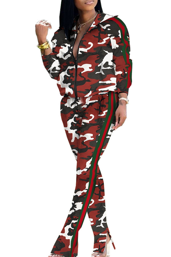 

Lovely Casual Camouflage Printed Red Two-piece Pants Set