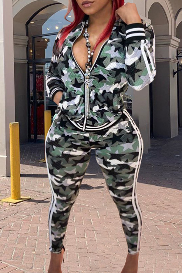 

Lovely Casual Camo Print Green Two-piece Pants Set