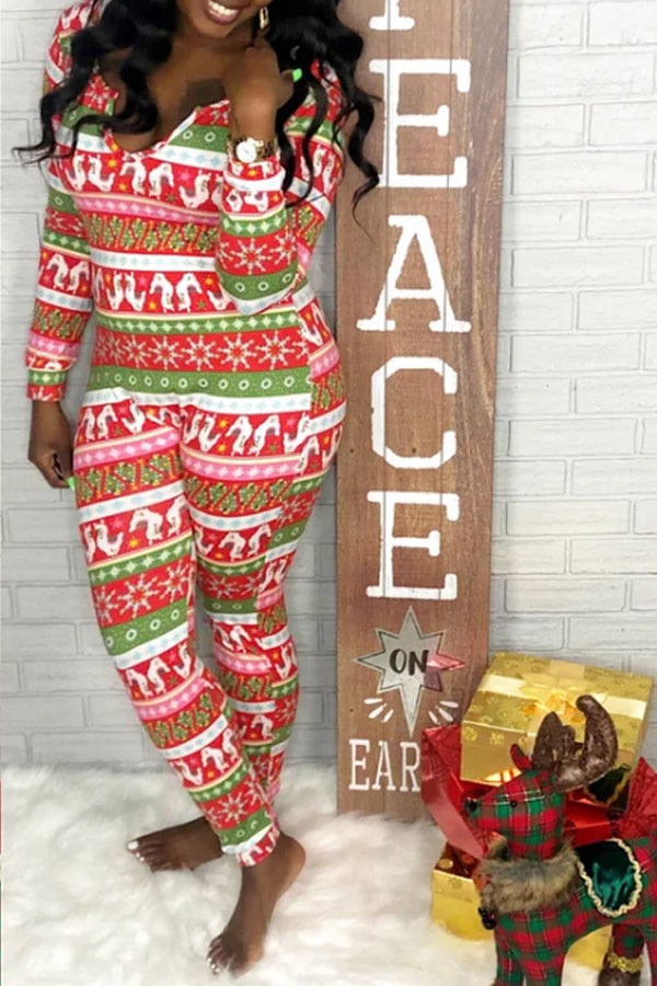 

Lovely Christmas Day Print Red One-piece Jumpsuit