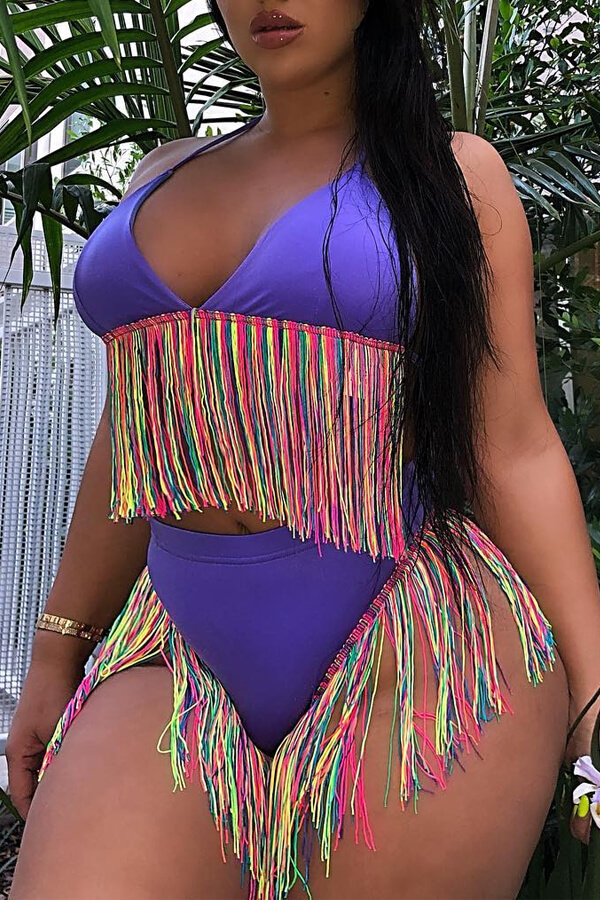 

Lovely Tassel Design Purple Two-piece Swimsuit