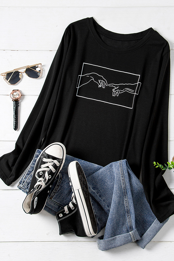 

Lovely Casual O Neck Print Black Plus Size T-shirt
