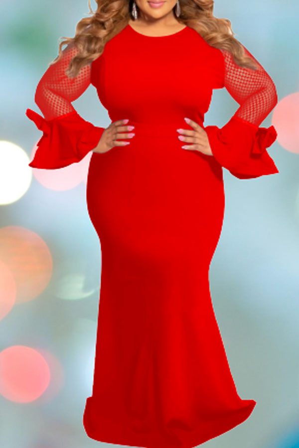 

Lovely Casual Patchwork Red Floor Length Plus Size Dress