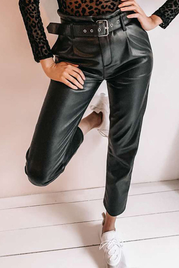 

Lovely Casual Skinny Black PU Pants(Without Belt