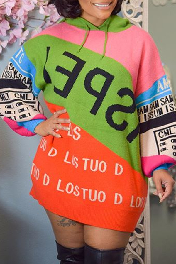 Lovely Casual Hooded Collar Print Multicolor Mini Dress