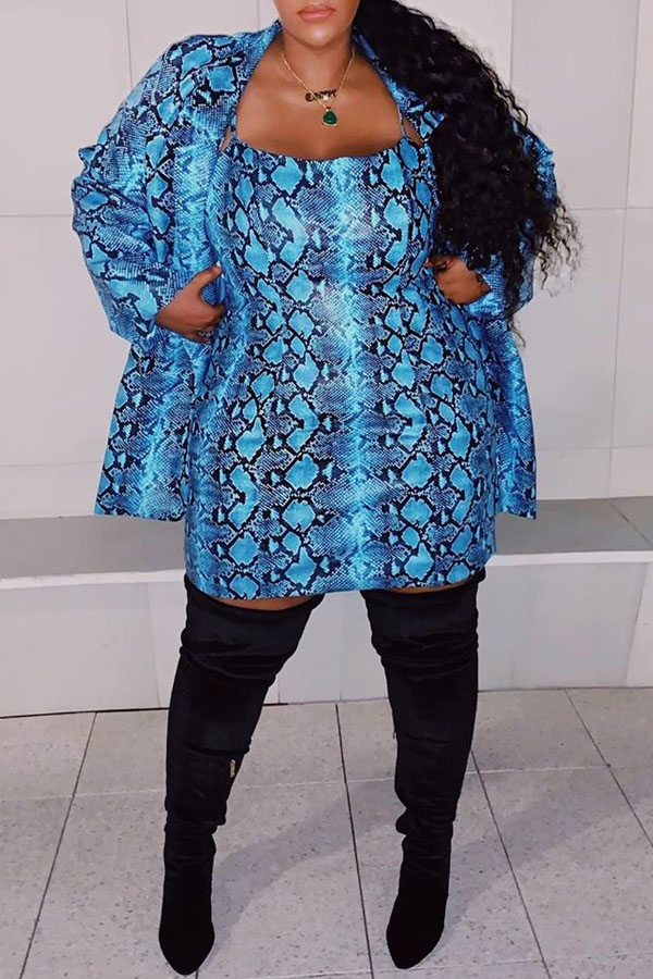

Lovely Casual Print Blue Plus Size Two-piece Skirt Set
