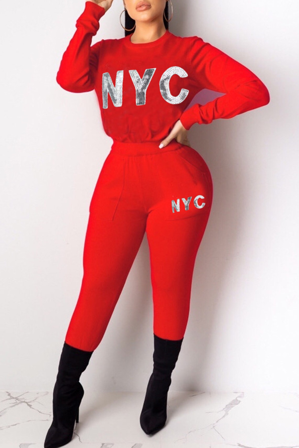 

Lovely Leisure O Neck Letter Red Two-piece Pants Set