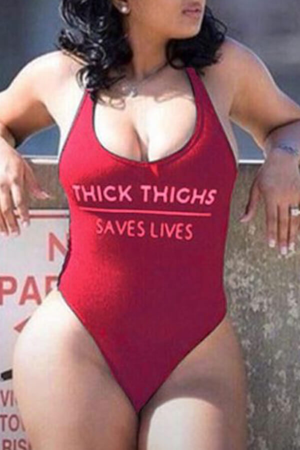 LW Leisure Letter Wine Red One-piece Swimsuit