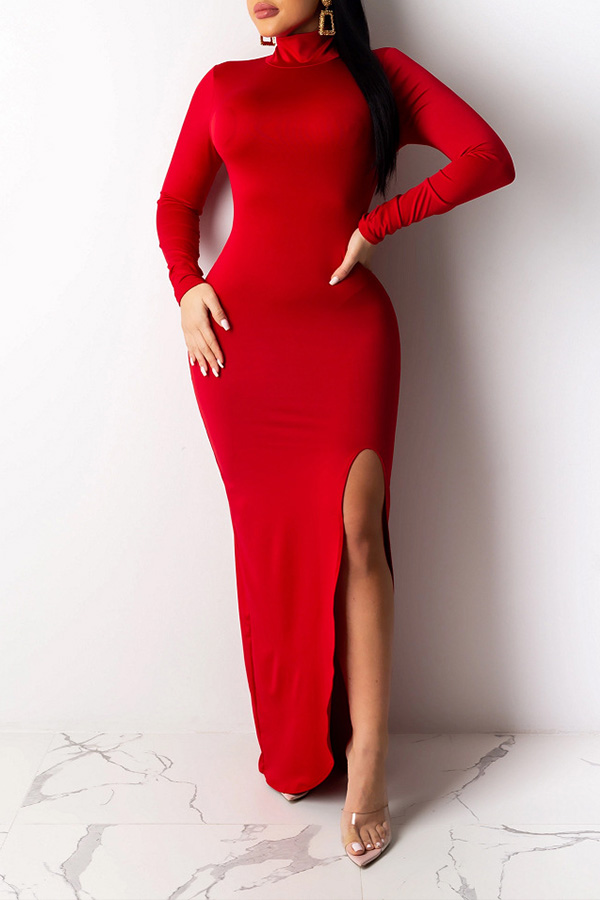 

Lovely Chic Turtleneck Skinny Red Maxi Dress