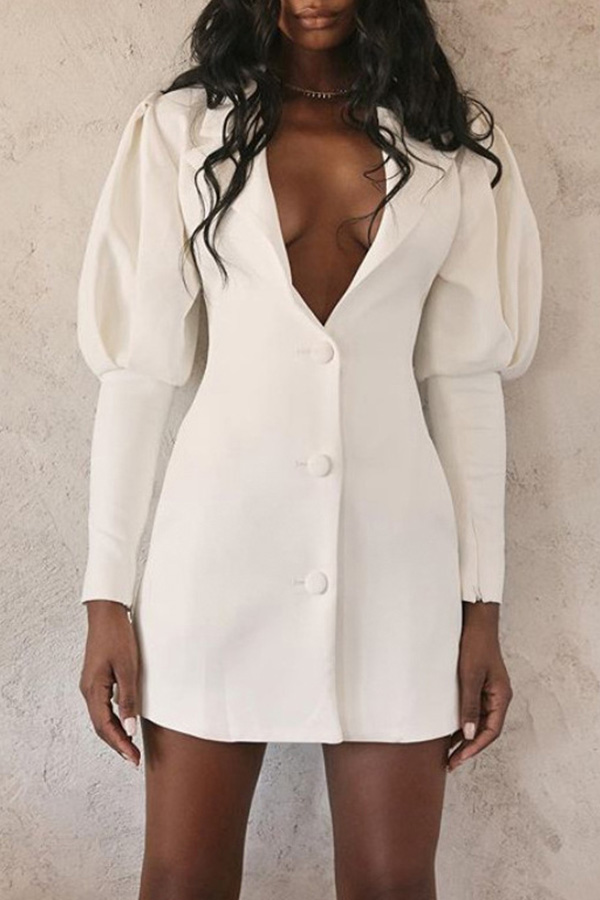 

Lovely Sweet V Neck Buttons White Mini Dress