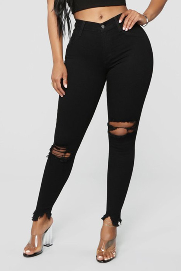 

Lovely Trendy Broken Holes Black Jeans