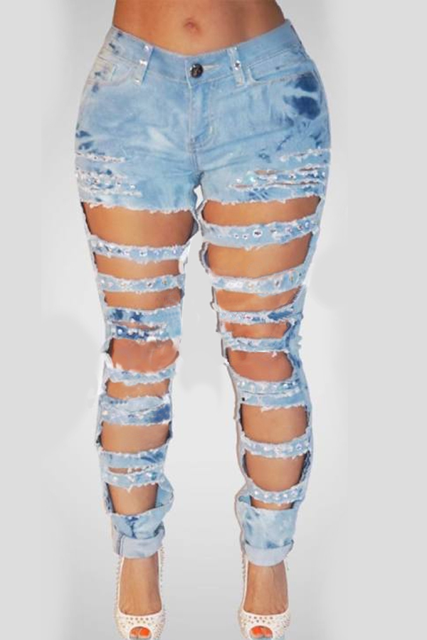 

Lovely Casual Hollow-out Baby blue Jeans
