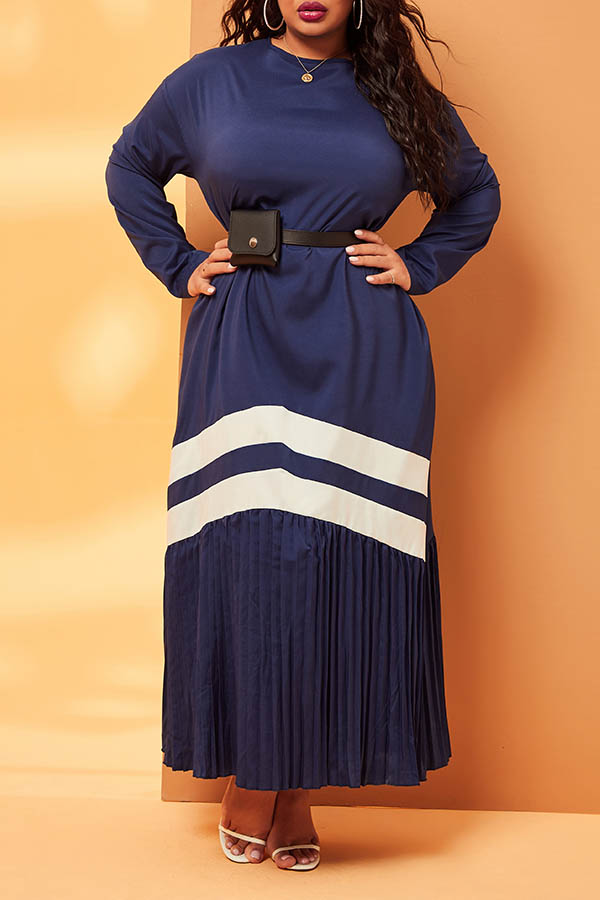 

Lovely Casual Patchwork Ruffle Design Blue Ankle Length Plus Size Dress