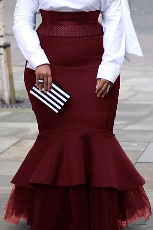 

Lovely Casual Patchwork Wine Red Plus Size Skirt