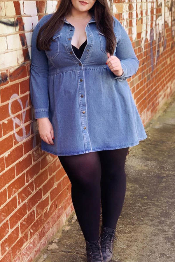 

Lovely Chic Buttons Design Blue Plus Size Mini Dress