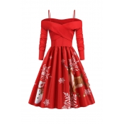 Lovely Christmas Day Ruffle Design Printed Red Mid
