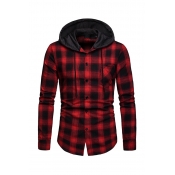 Lovely Casual Hooded Collar Plaid Printed Red Shir