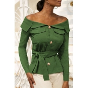 Lovely Trendy Buttons Design Green Blouse