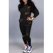 Lovely Casual Hollow-out Black Two-piece Pants Set