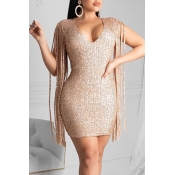 Lovely Party Sleeveless Tassel Design Gold Mini Dr