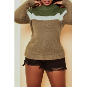 Lovely Casual Color-lump Patchwork Khaki Sweater