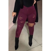 Lovely Casual Hollow-out Wine Red Jeans