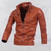 Lovely Casual Mandarin Collar Brown Leather