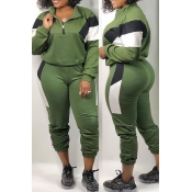 Lovely Leisure Patchwork Green Two-piece Pants Set
