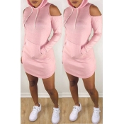 Lovely Casual Hooded Collar Dew Shoulder Pink Mini