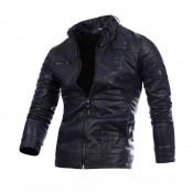 Lovely Casual Zipper Design Navy Blue Leather