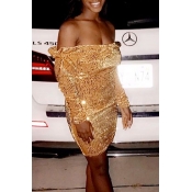 Lovely Sweet Dew Shoulder Gold Mini Dress