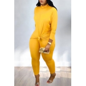 Lovely Casual Turtleneck Yellow Two-piece Pants Se