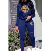 Lovely Trendy Hooded Collar Hollow-out Blue Two-pi