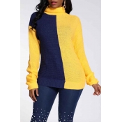 Lovely Trendy Turtleneck Patchwork Yellow Sweater