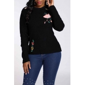 Lovely Chic Embroidery Design Black Sweater